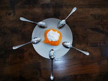 High angle view of breakfast on table