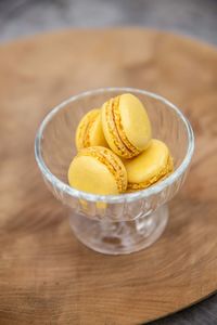 High angle view of macaroon in bowl on table