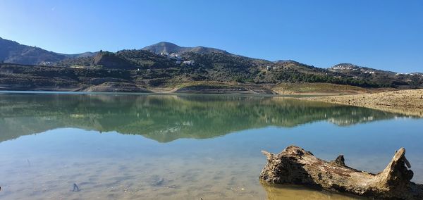 Scenic view of lake and mountains against clear blue sky