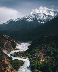 Scenic view of snowcapped mountains against sky