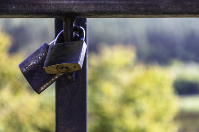 Love padlocks hanging on the rail among others variegated love locks