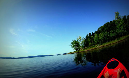 Calm lake with trees in background