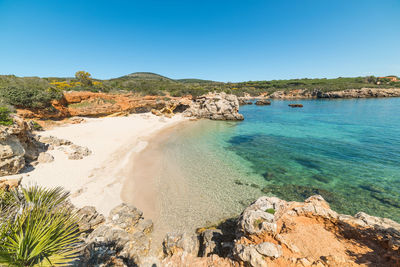 Scenic view of sea against clear blue sky