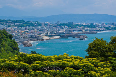 High angle view of city at waterfront