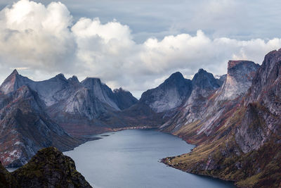 Scenic view of lake amidst mountains against sky