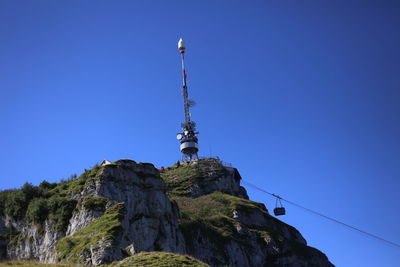 Low angle view of rocks against clear blue sky