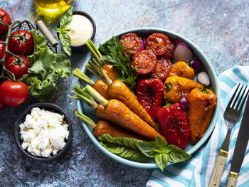 High angle view of food in plate on table