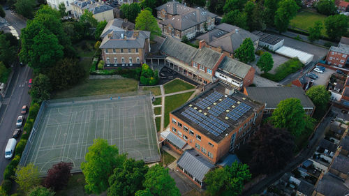 High angle view of buildings in city