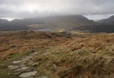 Scenic view of landscape and mountains against sky