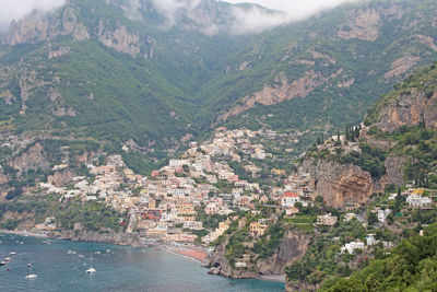 Positano on mountain by tyrrhenian sea