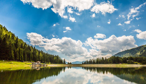 Panoramic view of lake and mountains against sky