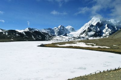 Scenic view of snowcapped mountains against sky