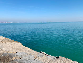 Scenic view of sea against clear blue sky