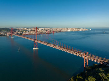 The 25 april bridge ponte 25 de abril located in lisbon, portugal, crossing the targus river. drone.