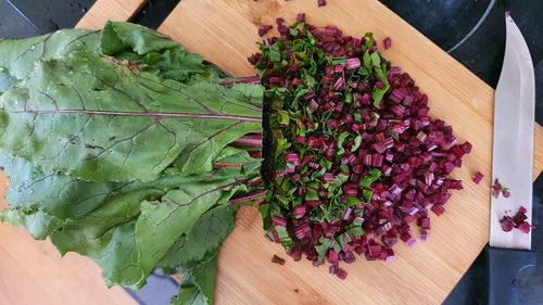 High angle view of chopped vegetables on cutting board