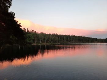 Scenic view of lake against sky at sunset