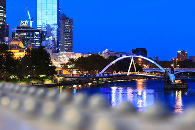 Bridge over river with cityscape in background