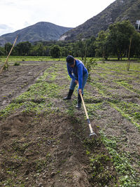 Rear view of man walking on field