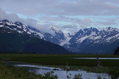 Scenic view of snowcapped mountains against sky