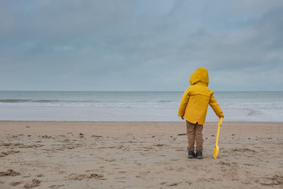 Rear view of person on beach against sky