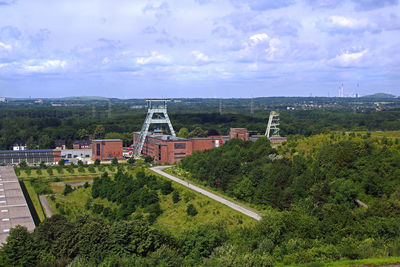 High angle view of buildings against sky