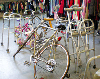 High angle view of bicycle parked in row