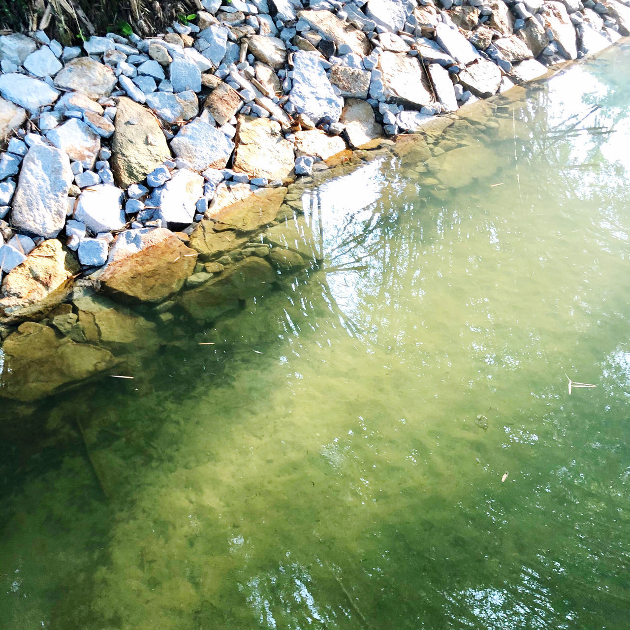 HIGH ANGLE VIEW OF REFLECTION IN LAKE