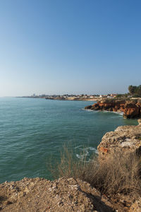 Scenic view of sea against clear blue sky