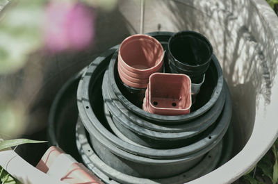 High angle view of stack of objects in yard
