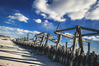 Low angle view of cranes on beach against sky