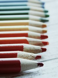 Close-up of multi colored pencils on table