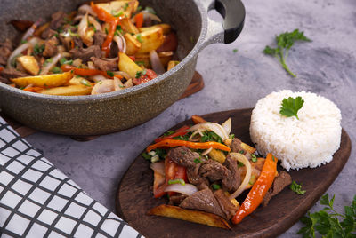 Peruvian dish known by the name of lomo saltado,.