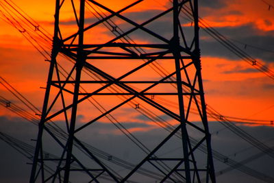 Low angle view of electricity pylon against sky during sunset