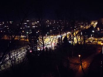 Silhouette trees by illuminated city against sky at night