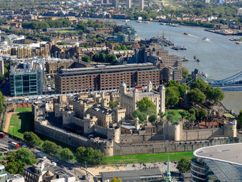 High angle view of tower of london next to river thames