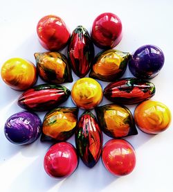 High angle view of multi colored balls on table