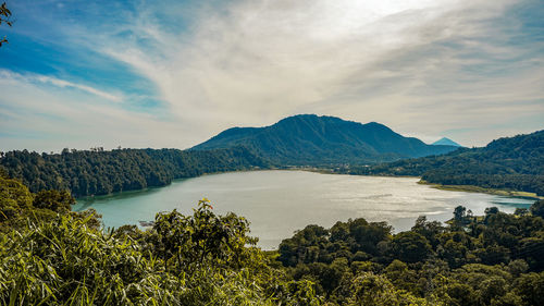 Scenic view of lake and mountains against sky