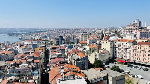 High angle view of townscape against clear sky