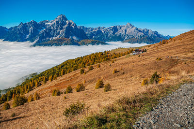 Scenic view of snowcapped mountains against blue sky