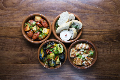 High angle view of various food on table