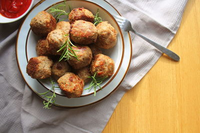 High angle view of food in plate on table