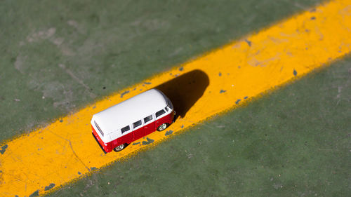 High angle view of toy car on road