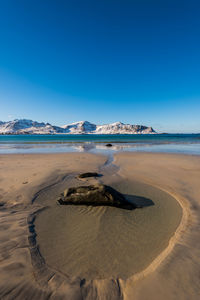 Scenic view of beach against clear blue sky