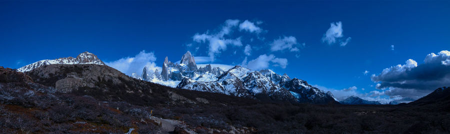Panorama of mount fitz roy and cerro torre in the town of el chalten - patagonia argentina.
