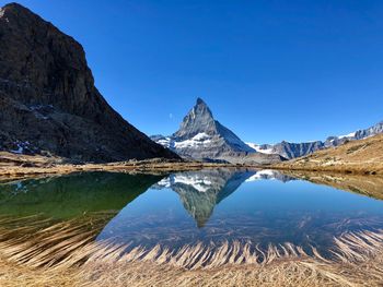 Scenic view of lake and mountains against clear blue sky