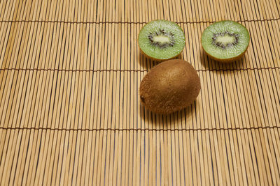 High angle view of bananas on wood