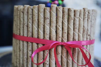 Close-up of red chili peppers on table