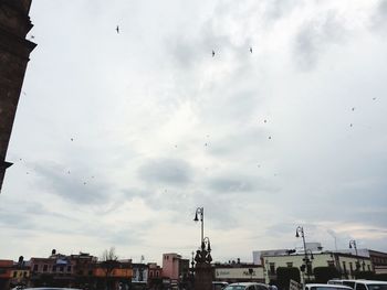 Low angle view of bird flying against cloudy sky