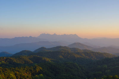 Scenic view of mountains against sky during sunset