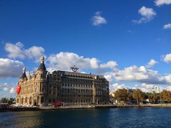 View of buildings by river against cloudy sky